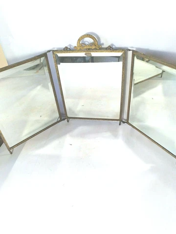 Antique Tri-Fold Travel Vanity Beveled Mirror Brass hanging or Standing Cover