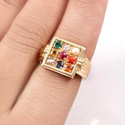 Anillo de plata de ley 925 chapado en oro con piedras preciosas Navaratna para hombre #5905 Foto 1 de 4