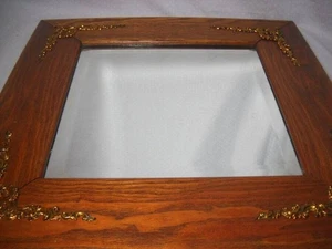 Antique Oak Wall Beveled Mirror w/ Brass Filigree 19 1/4" x 19 1/4" - Picture 1 of 7