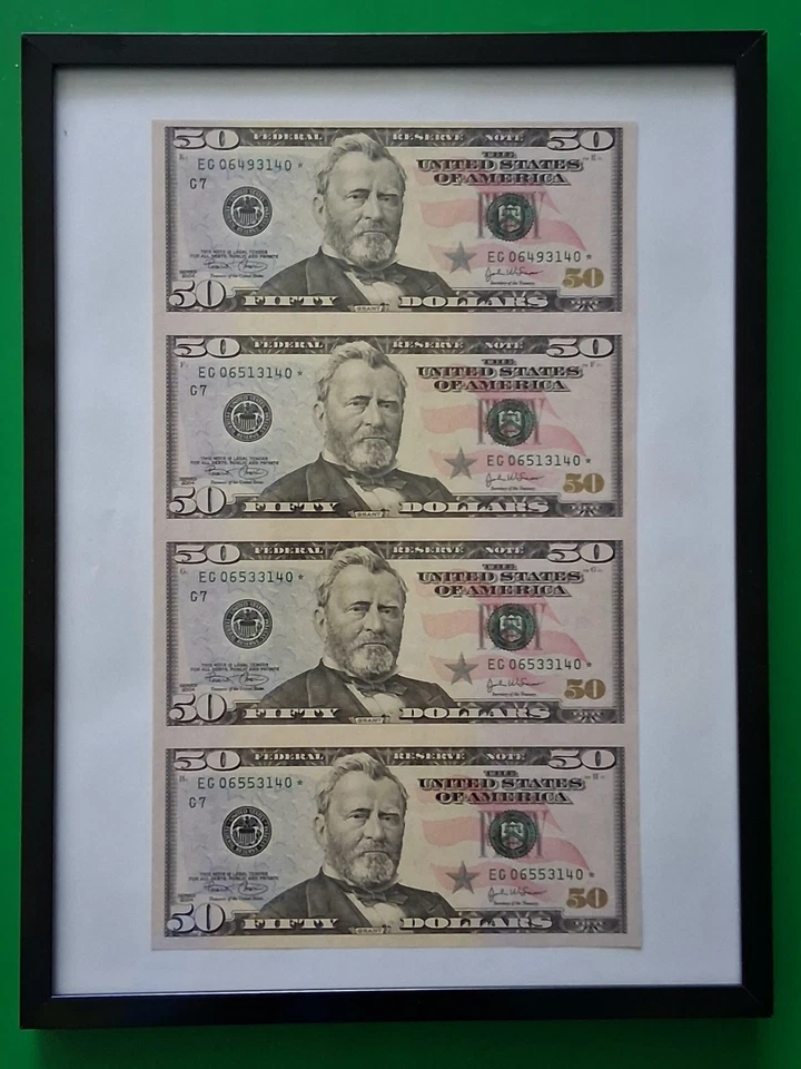 2004 $50 STAR Notes-4 Note Un-Cut Sheet-Uncirculated-Framed RARE - Image 1 of 1