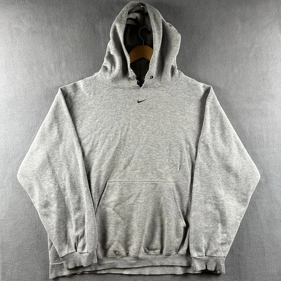 Moletom com capuz vintage Nike masculino XXL cinza centro Swoosh anos 90 desgastado folgado - Imagem 1 de 4