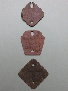 ETIQUETAS DE PERRO GLASTONBURY CT 3 PIEZAS 1911 1922 1926 LICENCIA REGISTRO DE IMPUESTOS EXONUMIA  - Imagen 1 de 5