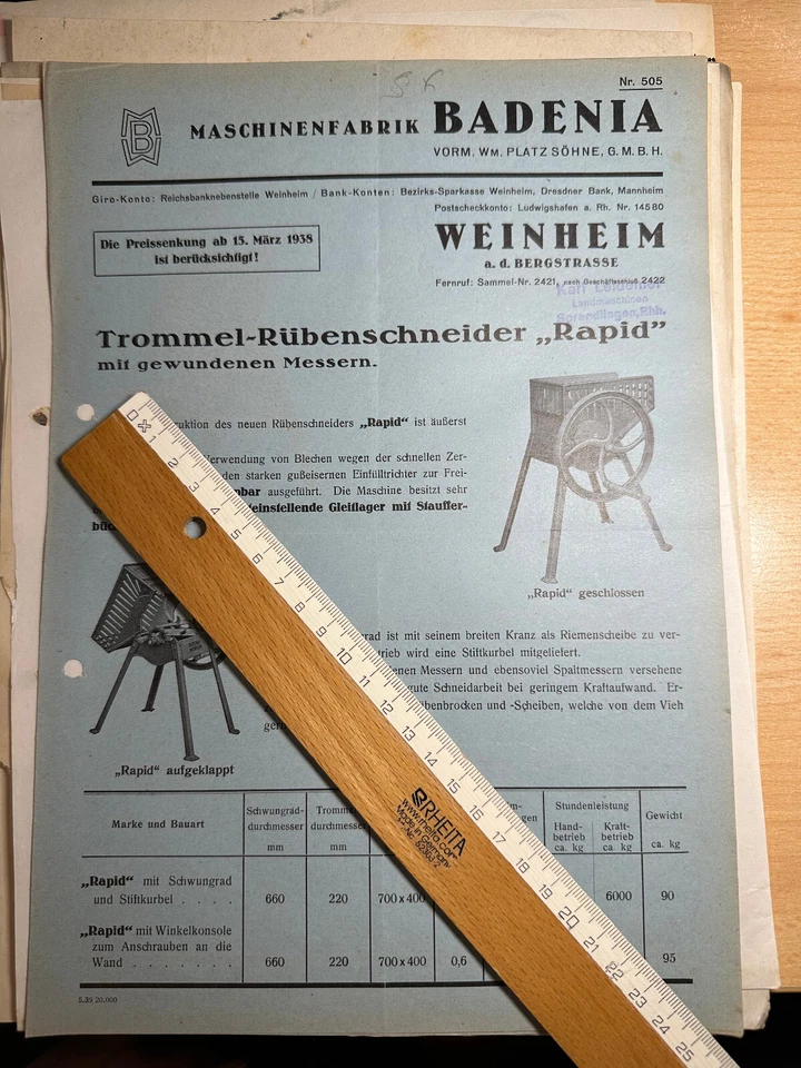 Prospekt Badenia Weinheim Rübenschneider Rapid 1938 - Bild 1 von 1