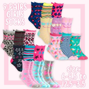 Kids Girls 9 Pairs Socks Novelty Printed Crew Socks Mid Calf Tropic Funky Bundle - Picture 1 of 7