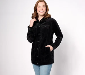 NEW Denim & Co. L Stretch Velveteen Jean Style Long Jacket in Black QVC 1971 - Picture 1 of 9