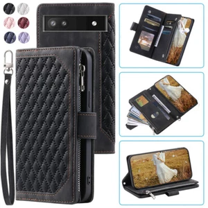 For Google Pixel 6A Rhombic Wallet Case,Luxury Leather Zipper Flip Card Case - Picture 1 of 44