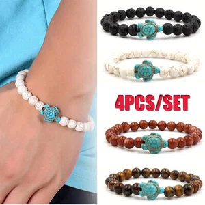 4Pcs Ocean Sea Turtle Bracelet Save Beach Jewelry Natural Stone Elastic Bracelet - Picture 1 of 8