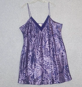 Liz Claiborne Woman Slip Nightgown 3X Short Purple Paisley Satin V-Neck Babydoll - Picture 1 of 6