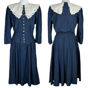 Vintage Prairie Denim Midi Shirt Dress Size M Tag 13/14 Lace Collar Yoke Waist - Picture 1 of 18