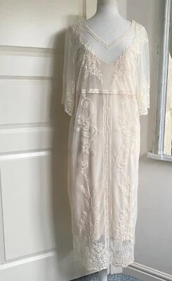 ZARA Embroidered Net Dress Lace Guipure Vintage Style Edwardian 20s Wedding S - image 1 of 4