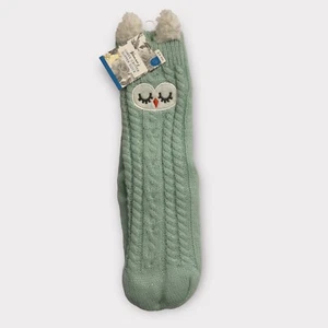 Lurex Critter OWL FACE Sherpa Slipper Sock Bootie Women's L/ XL (8/10)Mint Green - Picture 1 of 5