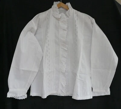Chemisier ancien brodé main – manches longues – coton blanc – REF 4720C - Photo 1/4