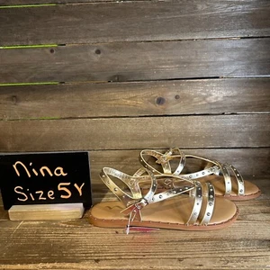New NIB Big Kids Nina Larsa Gold Beaded Leather Strappy Sandals Size 5 Y - Picture 1 of 6