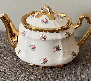 Vintage Arthur Wood England Floral White Gold Trim Teapot #4991 Chatsworth - Picture 1 of 9