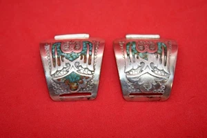Pair of Sterling Silver Chalie Singer Turqouise/Coral Watch Band Ends 18.2 Grams - Picture 1 of 11