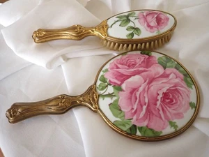 Vintage Art Nouveau Porcelain Vanity Hand Mirror & Brush Set W/ Pink White Roses - Picture 1 of 6