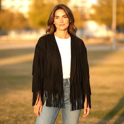 牧马人黑色条纹开襟夹克尺寸 M 西部乡村舞蹈音乐会 — 第 1/4 张图片