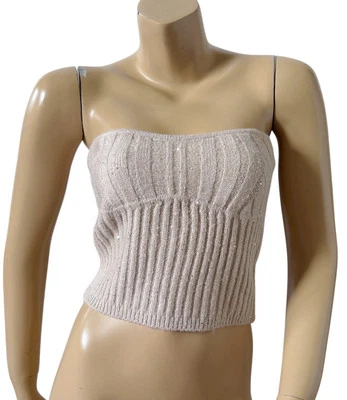 FOREVER 21 Womens Size Medium Beige Sweater Knit Sequin Strapless Tube Top Shirt - Image 1 of 4