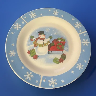 Believe Snowman Sled 10.5” Dinner Plate Set/lot Of 2 With Blue Snowflake Border - Image 1 of 2