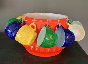 VTG. 1960's JEANETTE GLASS ORANGE PUNCH BOWL SET w/ 12 CUPS BLUE, GREEN, YELLOW - Picture 1 of 23