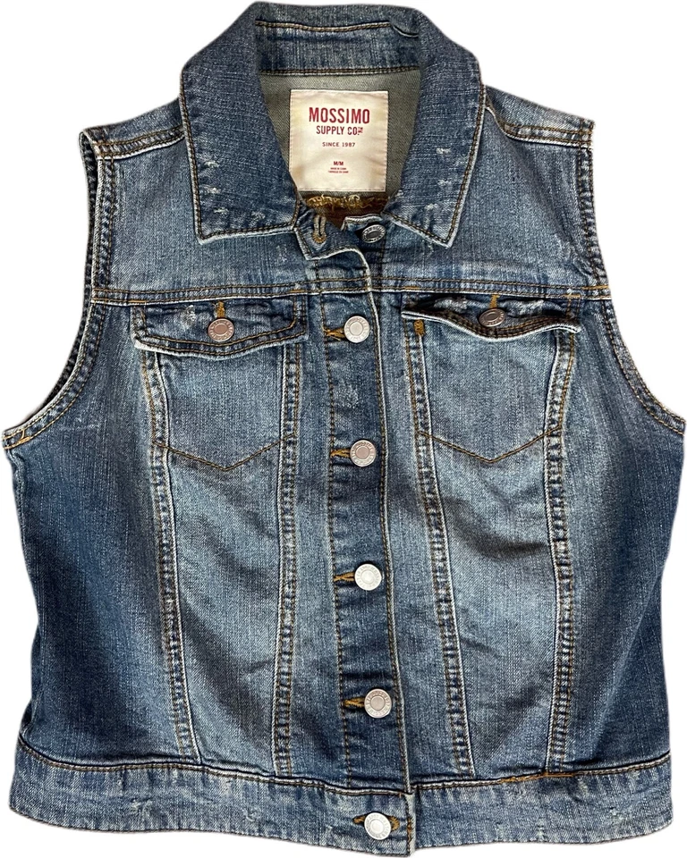 MOSSIMO JUNIOR SLEEVELESS DISTRESSED BUTTON DOWN BLUE JEAN JACKET SIZE MEDIUM - Image 1 of 4