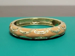 Vintage Tan Lt Brown Enamel GoldTone Rhinestone Clamper Bangle Bracelet Bling - Picture 1 of 8