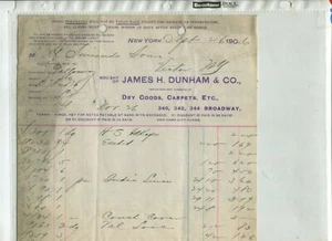 Vintage Billhead JAMES DUNHAM DRY GOODS & CARPETS 1906 NY  Broadway - Picture 1 of 1