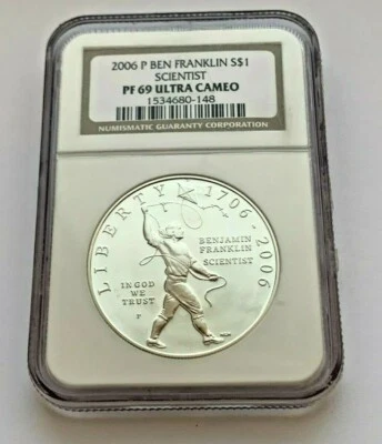 2006 P SILVER BEN FRANKLIN SCIENTIST PF 69 ULTRA CAMEO $1 DOLLAR SILVER COIN - Image 1 of 4