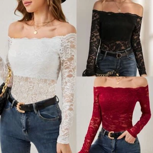 Womens Summer Lace Bardots Long Sleeve Slim Stretchy Tops Shirts Blouse Tee Size - Picture 1 of 21