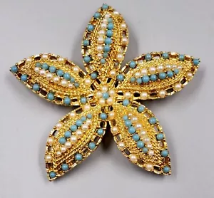 1968 Sara Covington Ocean Star Brosche Seestern Blume Rotkehlchen Ei blau Kunstperle - Bild 1 von 5