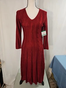 KASPER Red Cable-Knit Fit and Flare Midi Sweaters Dress Classic Chic Large NWT - Picture 1 of 5