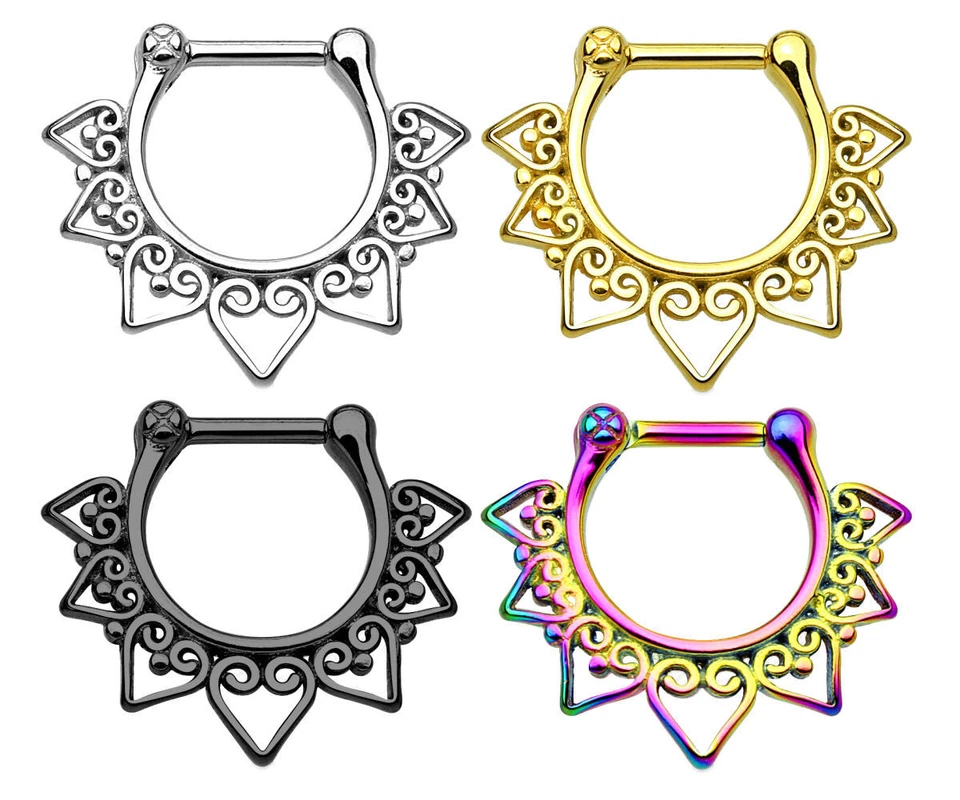 New Colour Plated Stainless Steel Heart Tribal Fan Nose Hoop Septum Clicker 16g  - Image 1 of 1