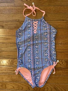 JUSTICE GIRL'S Blue Orange Floral Sea Shell One piece UPF 50+Bathing Suit 10 - Picture 1 of 6