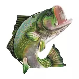 Large Mouth Bass Fish Metal Glass Wall Decor Garden Weather Resistant - Picture 1 of 1