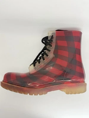 Botas de lluvia de combate Dirty Laundry rojas negras búfalo a cuadros para mujer 8 cordones grunge Foto 1 de 4
