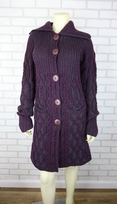 Cárdigan largo con cable gris púrpura lana merino Aran Crafts para mujer XS botones grandes Foto 1 de 4