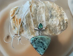 Collar Colgante Turquesa Africana y Topacio Piedras Preciosas - Chapado en Plata 925-Nuevo - Imagen 1 de 4