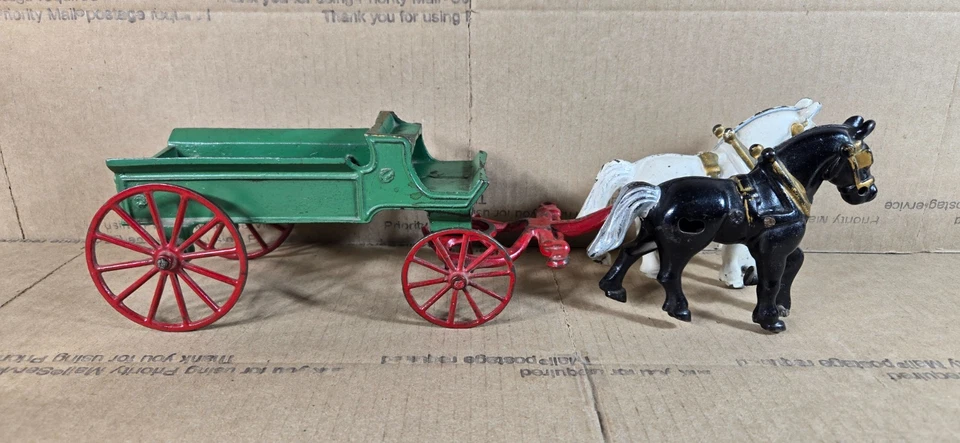 复古 HUBLEY 铸铁马和绿色 WAGON 2 马 - * * 破轮 / 无球杆 * — 第 1/4 张图片