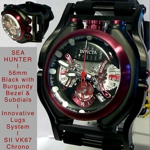 56mm Burgundy Bezel |SEA HUNTER | Black Case & Strap | Chrono VK64 Invicta Watch - Picture 1 of 12