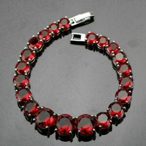 15.50Ct Round Cut Simulated Red Garnet Tennis Bracelet 925 Silver Gold Plated