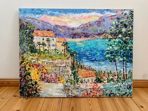 Italienisches Küstenstadt Ölgemälde auf Leinwand Sommer Küstenlandschaft Gemälde - Bild 1 von 9