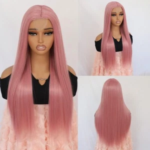 Synthetic Lace Frontal Wigs Long Straight Pink Hair Heat Resistant Women Party - Picture 1 of 9