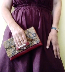 Cadelle hand slip clutch in burgundy & brown/black snake print (fits phone) - Picture 1 of 10
