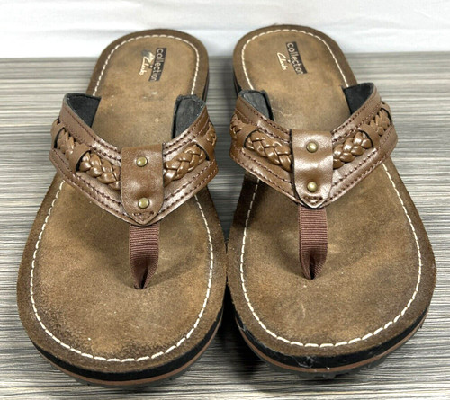 Sandali donna Clarks intrecciati misura 8 marroni pelle ballerine spiaggia perizoma fit infradito