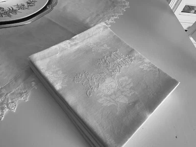 Linge Ancien 6 Serviettes De Mariage Damassé De Soie Monogramme A M - Photo 1/4