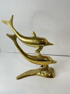 Vintage große Messing Delfin Statue Skulptur Maritim Meer Dekor 9" hoch - Bild 1 von 4