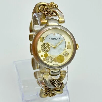 Reloj pulsera para mujer AKRIBOS XXIV tono oro diamante malla eslabones pesados, AK643YG Foto 1 de 4