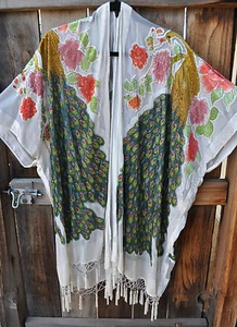 HAND BEADED PEACOCK SILK VELVET BURNOUT ART TO WEAR KIMONO IN SNOWY WHITE, OS+! - Picture 1 of 6