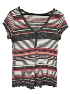No Boundaries Juniors Knit Top S/M Striped Short Sleeve Ribbed Pink Black Y2K - Picture 1 of 9