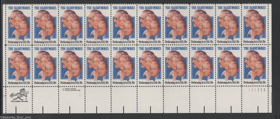 US #2012 20c Plate Block of 20 1982 The Barrymores Performing Arts Actor MNH - Image 1 of 1